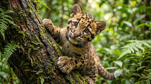 Adorable Baby Spotted Wild Cat Cub Climbing Tree Trunk in Lush Green Forest &ndash; Cute Big Cat Wildlife Portrait with Expressive Eyes
