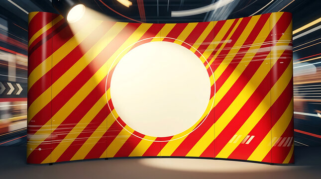 Dynamic red and yellow diagonal stripes background with large center circle frame under light.