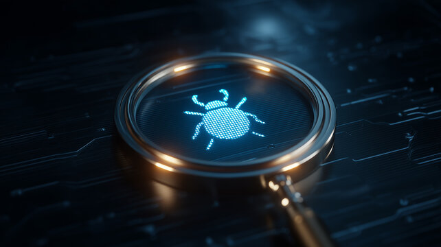 A magnifying glass focused on a bug icon representing software vulnerability detection and cybersecurity inspection
