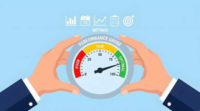 Business hands holding a performance gauge meter showing high productivity and success in a professional corporate environment