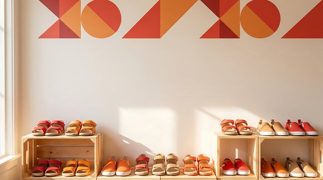 Colorful geometric wall pattern with wooden shelves featuring neatly arranged summer footwear.