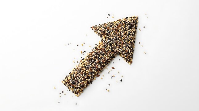 Arrow shape made from colorful mixed seeds on a clean white background
