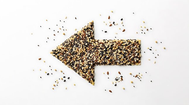 Arrowshaped assortment of mixed seeds and grains on white background