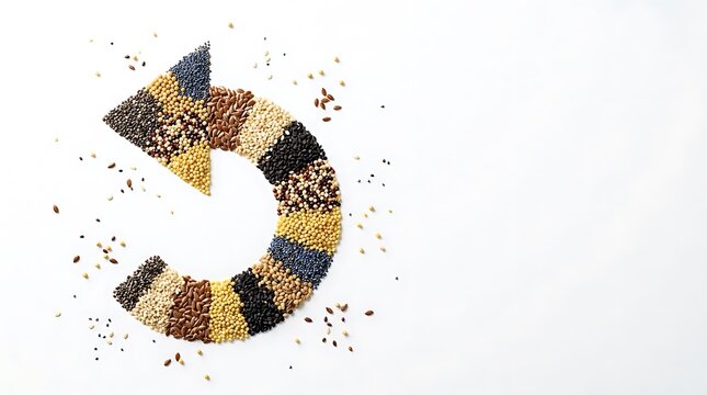 Colorful circular arrow made from various seeds and grains on white background