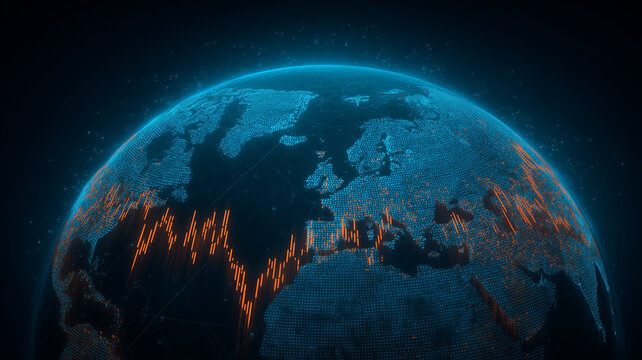 A digital globe covered by financial charts representing global market trading and international investment analysis
