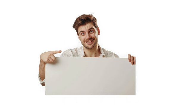 Young man pointing at blank advertising poster with friendly smile on transparent background