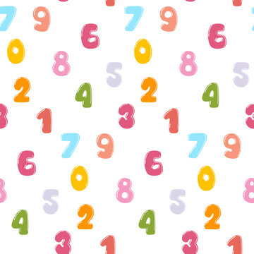 Colorful hand drawn numbers seamless pattern isolated on white background, cute cartoon style kids education wallpaper, PNG design element