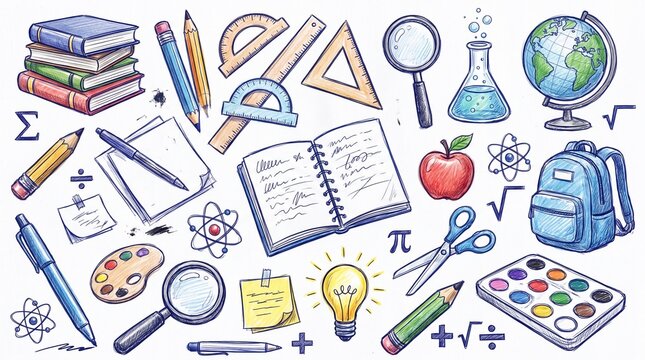 Hand‑drawn school doodles: books, pencils, ruler, protractor, triangle, bulbs, atoms, magnifier, flask, globe, math symbols, notebook, apple, scissors, backpack, palette.