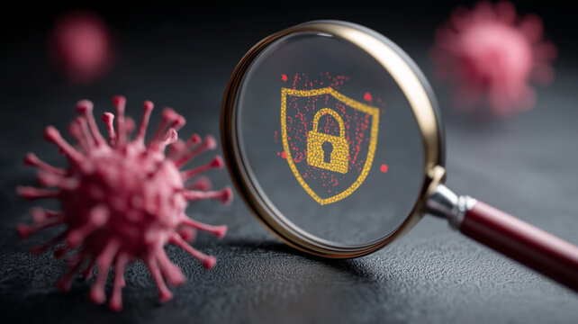 A magnifying glass examining a virus beside a shield and padlock representing cybersecurity protection and threat detection
