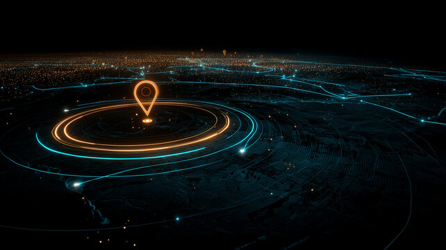 A location pin surrounded by navigation paths on a digital map representing geolocation tracking and route planning
