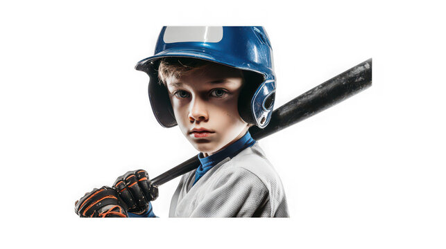 Focused young baseball player wearing protective helmet with boy dressed on transparent background