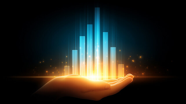 A hand presenting a rising bar chart representing business growth and financial performance analysis
