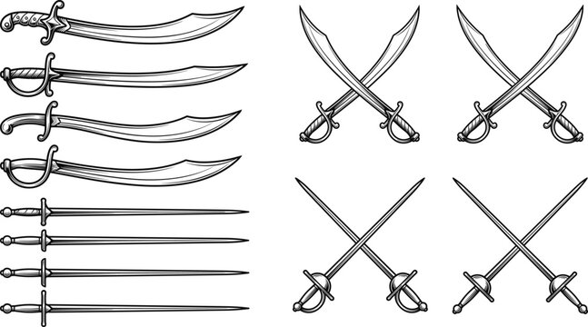 Vintage Pirate and Medieval Sword Engraving Collection with Crossed Saber Vector Illustration Set