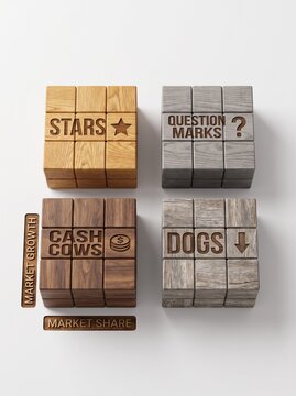 BCG Growth Share Matrix concept with wooden blocks representing corporate portfolio strategy on a white background