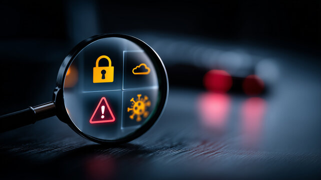 A magnifying glass examining security threat icons representing cybersecurity risk assessment and digital vulnerability monitoring
