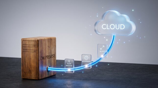 Digital transformation and cloud migration concept for modern business with on-premise server connecting to cloud storage
