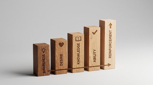 Five wooden blocks illustrating the ADKAR change management model concept for organizational leadership on a white background