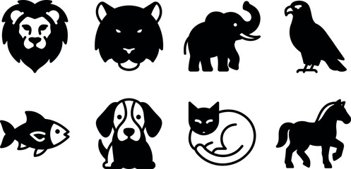 Set of various animal icons including lion tiger elephant bird fish dog cat horse © Pinki