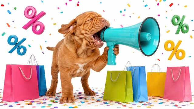 Dogue de Bordeaux puppy shouting into megaphone surrounded by shopping bags and discount signs