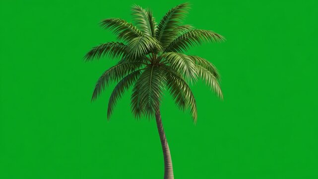 Tropical palm tree with lush green fronds swaying gently in the breeze during a clean animation on a solid chroma key background