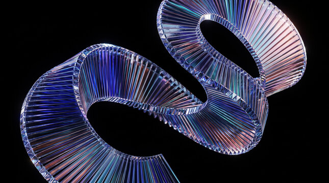 Colorful transparent ribbed m&ouml;bius ribbon twisting in an abstract loop on black