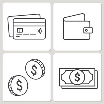 Billfold, Money, Coins, and Plastic Cards. Set of finance-themed icons. Vector line art. Set includes: an open wallet, dollar bills, two coins, and two plastic cards icons.