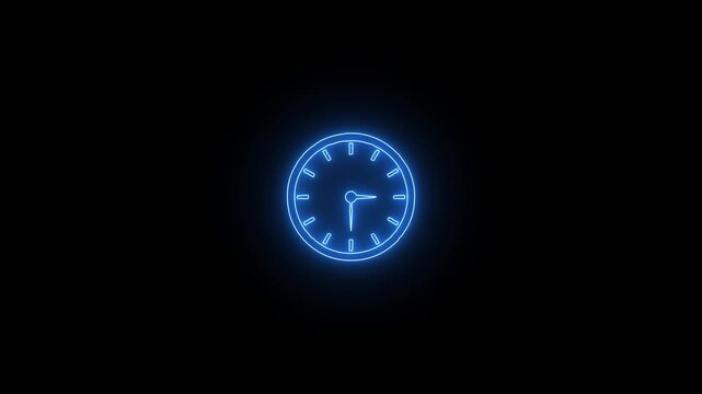 Glowing blue neon clock face rotating on black background