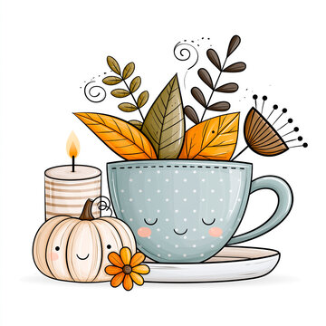 Beautiful sticker with a cup, pumpkin, autumn leaf isolated on white background