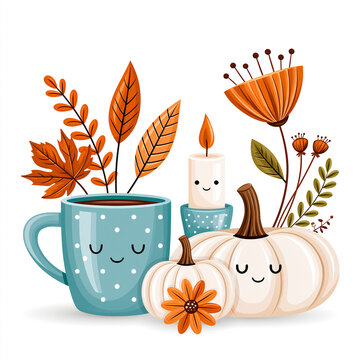 Beautiful sticker with a cup, pumpkin, autumn leaf isolated on white background
