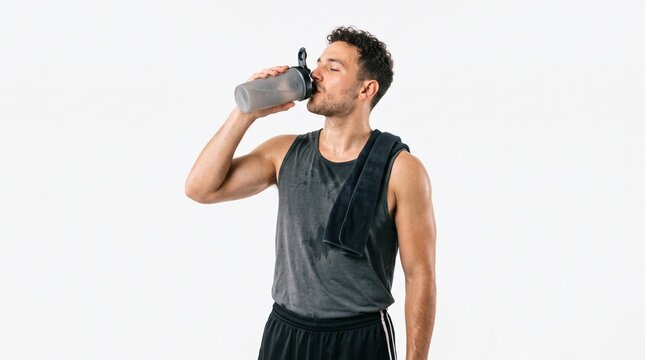 Fit man drinking water from shaker bottle after workout with sweat on skin and towel on shoulder