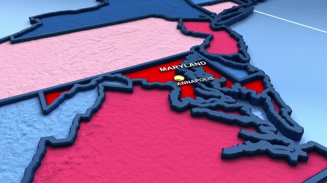 Looped 3D election map animation of the United States zooming into Maryland state, featuring red, blue, purple and green political outcome variations. 