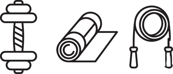 Fototapeta premium Set of fitness equipment icons including dumbbell, yoga mat, and jump rope singles day