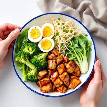Healthy bowl with boiled eggs broccoli and stir fried tofu vegetables