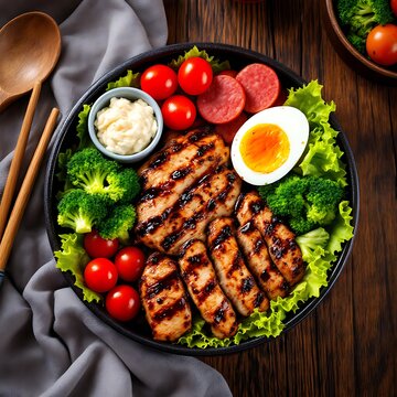 Healthy grilled chicken meal with fresh vegetables and boiled egg