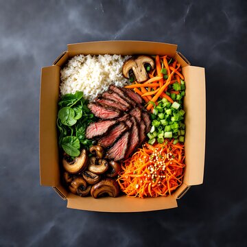 Delicious takeout meal with steak rice and fresh vegetables in cardboard box