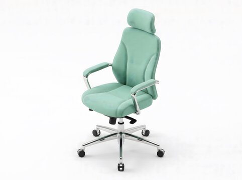 A comfortable mint green ergonomic office chair with a headrest and adjustable armrests isolated on a clean white studio background for design