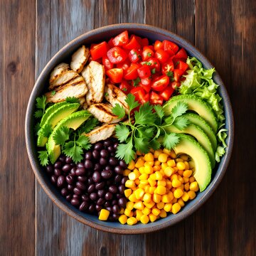 Healthy colorful bowl filled with grilled chicken avocado corn black beans and fresh vegetables