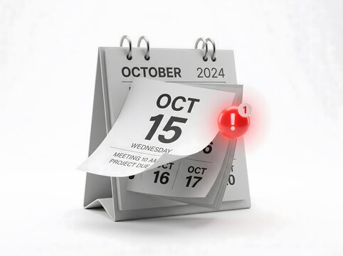 A desk calendar showing the date of october fifteenth with a red push pin marking the day on a plain white background