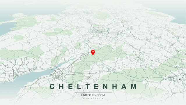 Modern minimalist vector map of Cheltenham, Gloucestershire, England. High-quality scalable illustration of Cheltenham geographic boundaries along River Chelt contours for posters design.