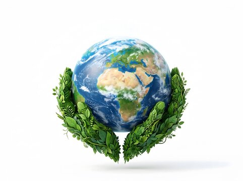 A conceptual image showing a fragile planet earth globe being held gently in two hands made entirely of fresh green grass and leaves