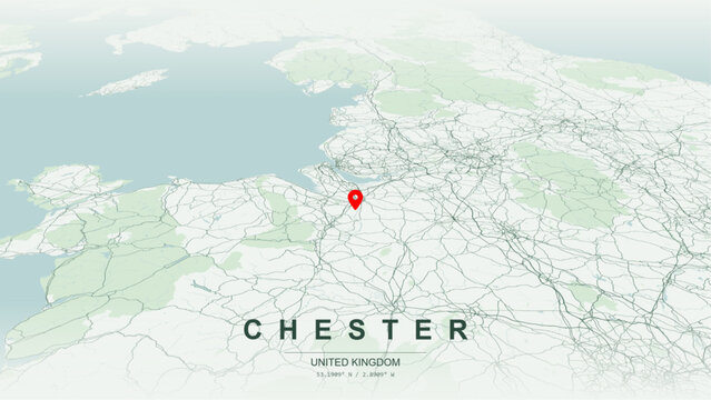 Modern minimalist vector map of Chester, Cheshire, England. High-quality scalable illustration of Chester geographic boundaries along River Dee contours for posters design.