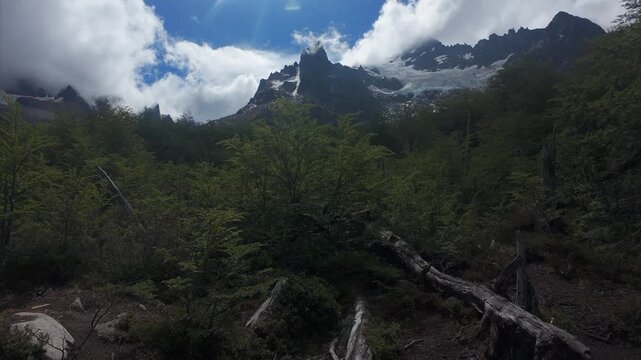 Jagged Mountain Peaks And Glacier Above Native Forest In Cerro Castillo National Park Patagonia Chile Slow Zoom