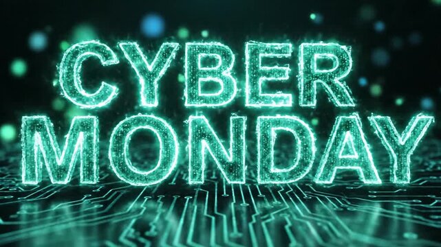 Glowing Cyber Monday text on digital circuit board background