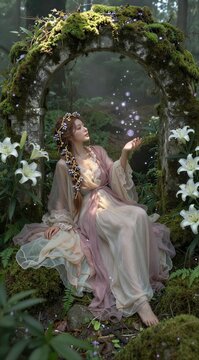 Young woman seated beneath moss arch in forest clearing