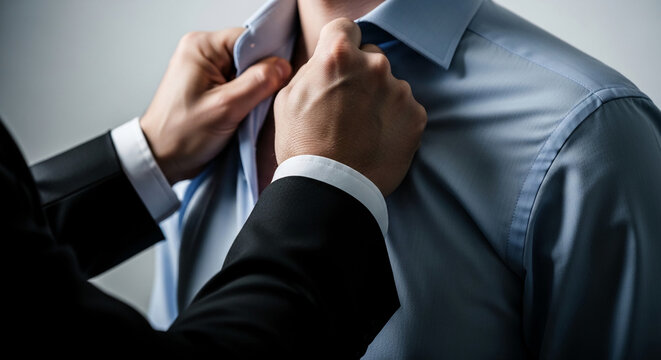 Close-up of hands buttoning a light blue dress shirt, with a black suit jacket visible, symbolizing professionalism, formality, and preparation for an event