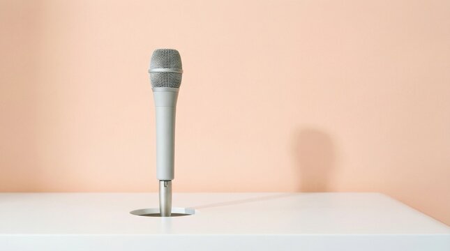Modern silver desktop microphone on a minimalist stand for professional speech and broadcasting in a bright studio environment