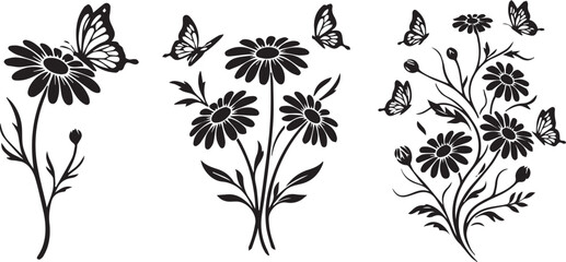 Fototapeta premium Hand-drawn blue cornflowers with flying butterflies illustration. Delicate floral botanical sketch for nature-themed designs and decor.