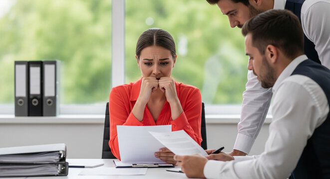An anxious woman looks at documents with two men observing, symbolizing workplace stress, pressure, and scrutiny in a business setting