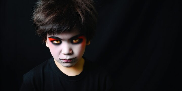 Portrait of a young boy with scary monster makeup and yellow eyes for Halloween celebration isolated on a dark black background for horror themes