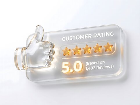 A glass trophy featuring a thumbs up icon and a five star customer rating with a perfect score of five point zero